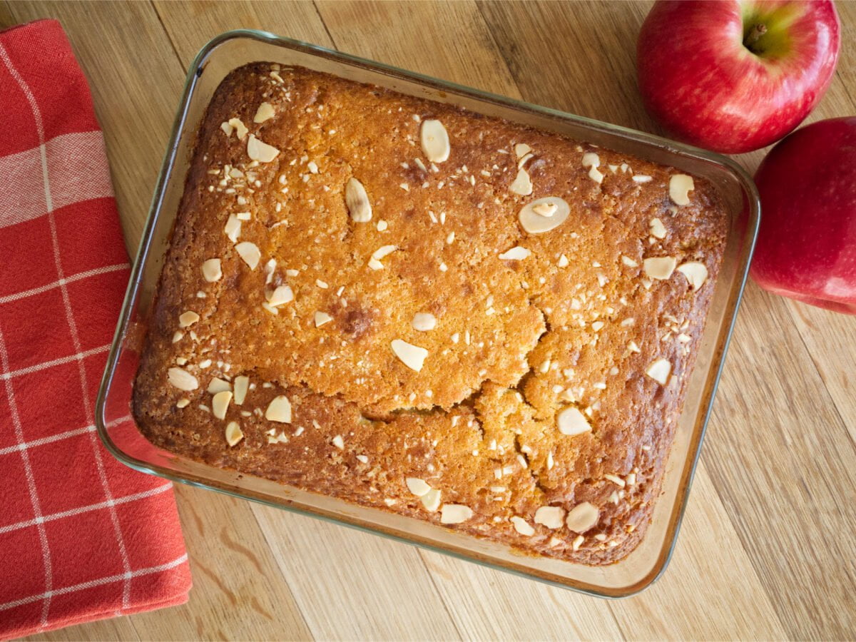 Apple pudding in a glass baking dish