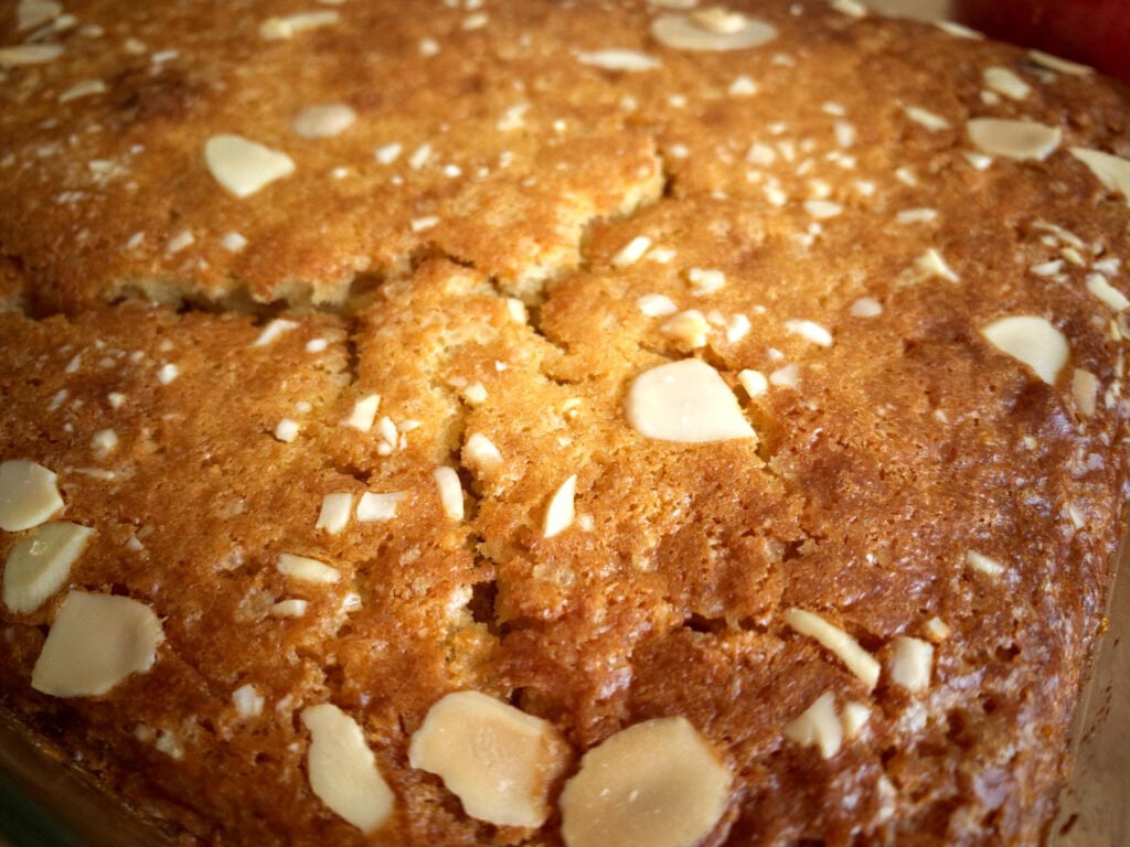 Close up view of the crunchy top of the apple pudding