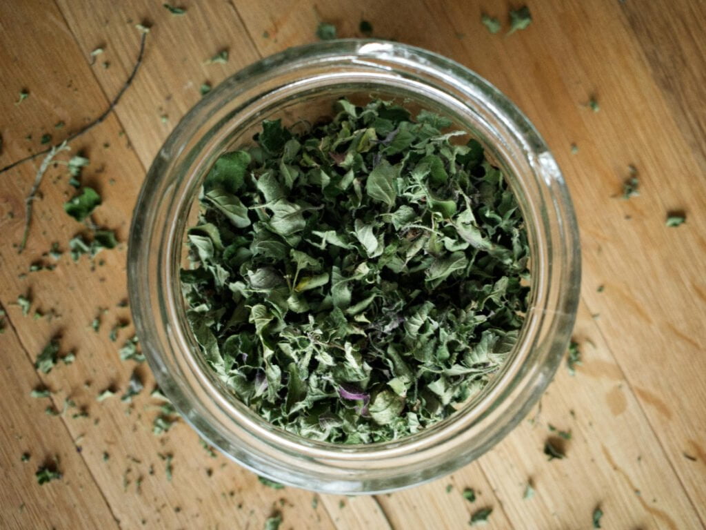 Drying herbs complete - a glass jar filled with dried oregano leaves