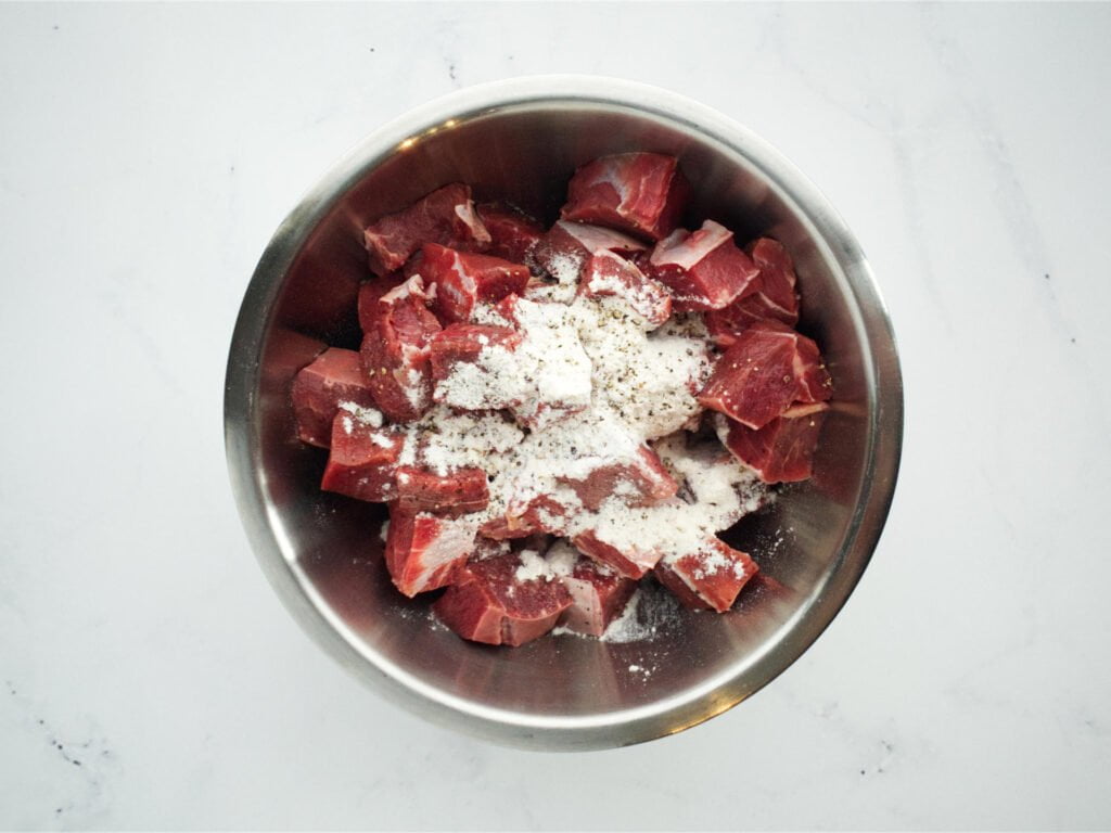Diced beef with flour, salt and pepper
