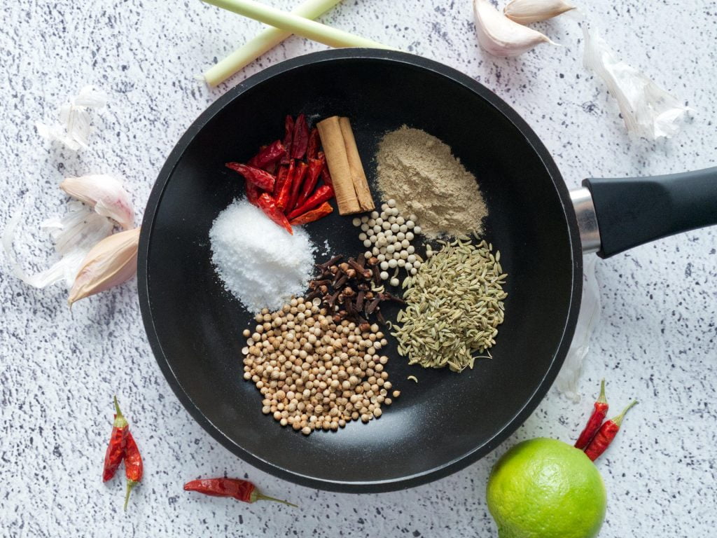 Frying pan with all the dried ingredients laid out