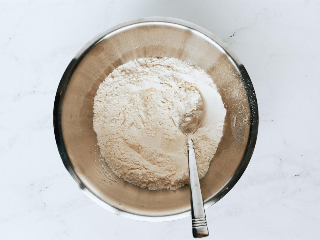 Mixing bowl containing dry ingredients