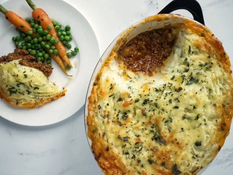 Shepherd's Pie served with Braised Peas and Carrots