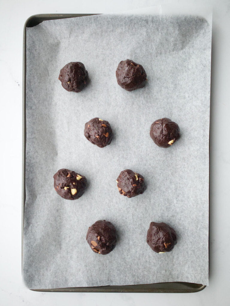 Double chocolate chip cookie dough rolled into balls