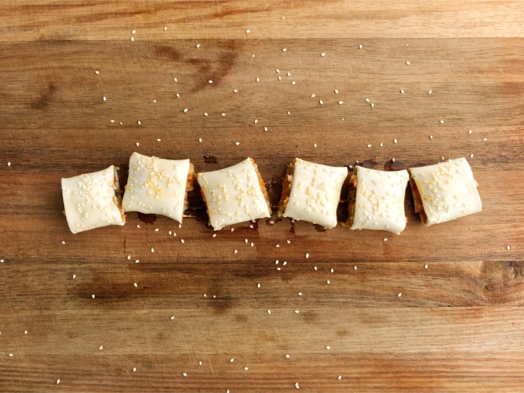 Sausage roll cut into six portions